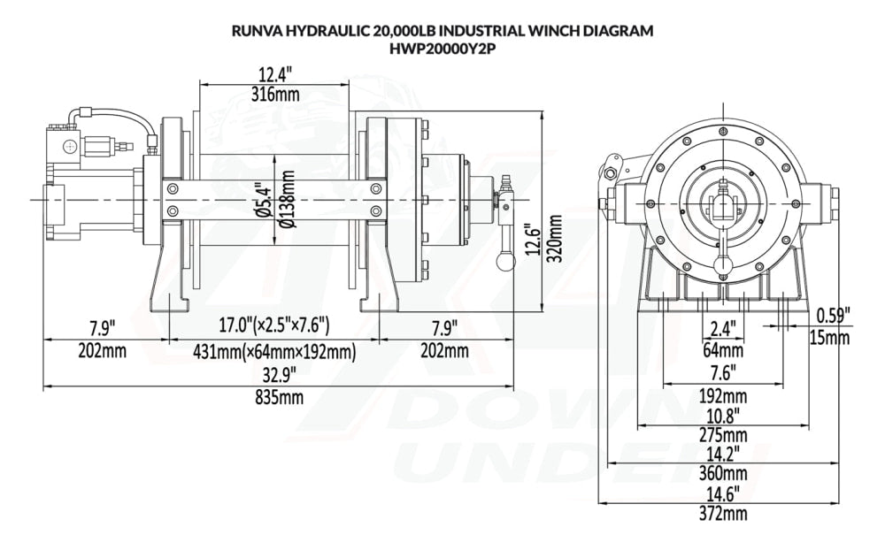 Runva HWP20000Y2P Industrial Hydraulic Winch with Steel Cable - Industrial Winch