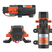 Four views of the Seaflow 12V water pump showing the SEAFLO nameplate and mounting feet