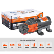 Seaflo 21 Series retail box beside the pump with icons for RV, marine and industrial uses