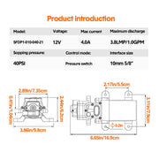Seaflo pump specification diagram showing 12V, 40PSI, 3.8LPM and dimensions