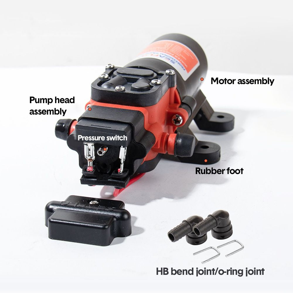 Diagram labelling the pump head assembly, motor, pressure switch and rubber feet on the Seaflow water pump