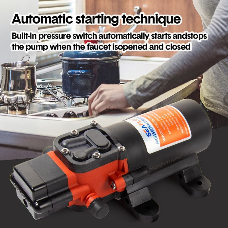Seaflow pump overlaid on a kitchen sink scene illustrating automatic start and stop operation
