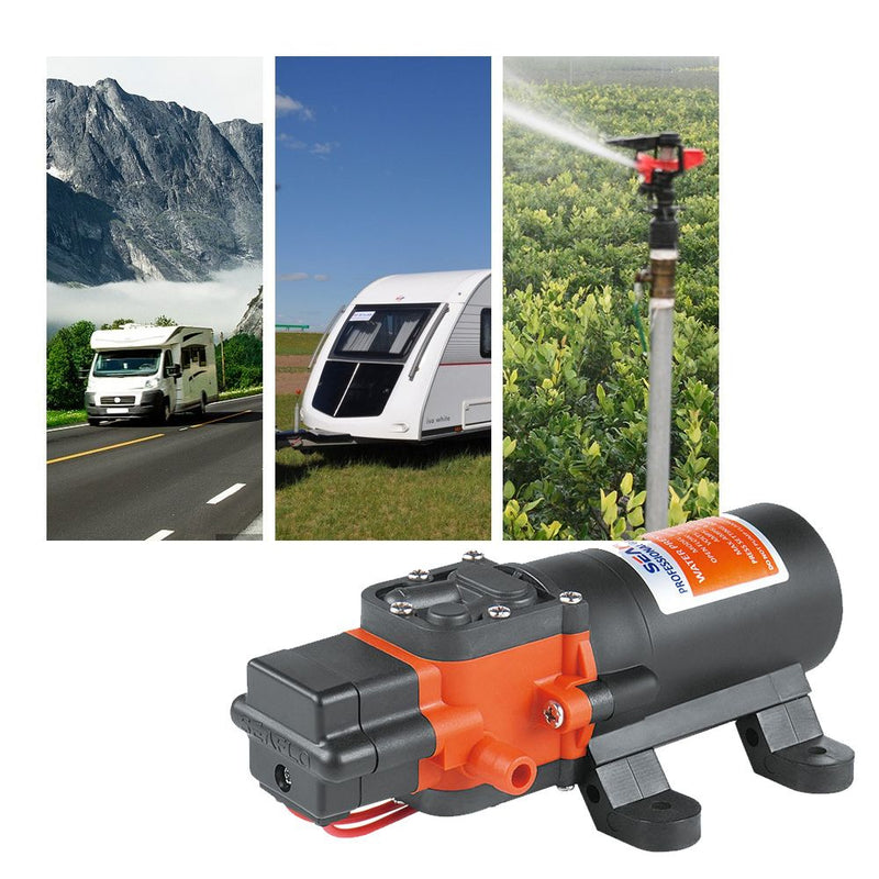 Seaflow 12V pump shown with motorhome, caravan and orchard irrigation use case images