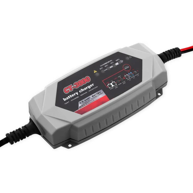 Smart automatic SLA battery charger with gray plastic casing and digital display