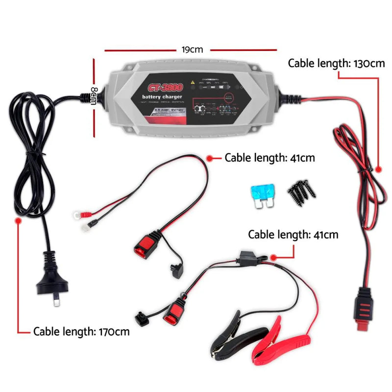 Auto Battery Charger with Multiple Cables for 12V/6V SLA AGM Batteries