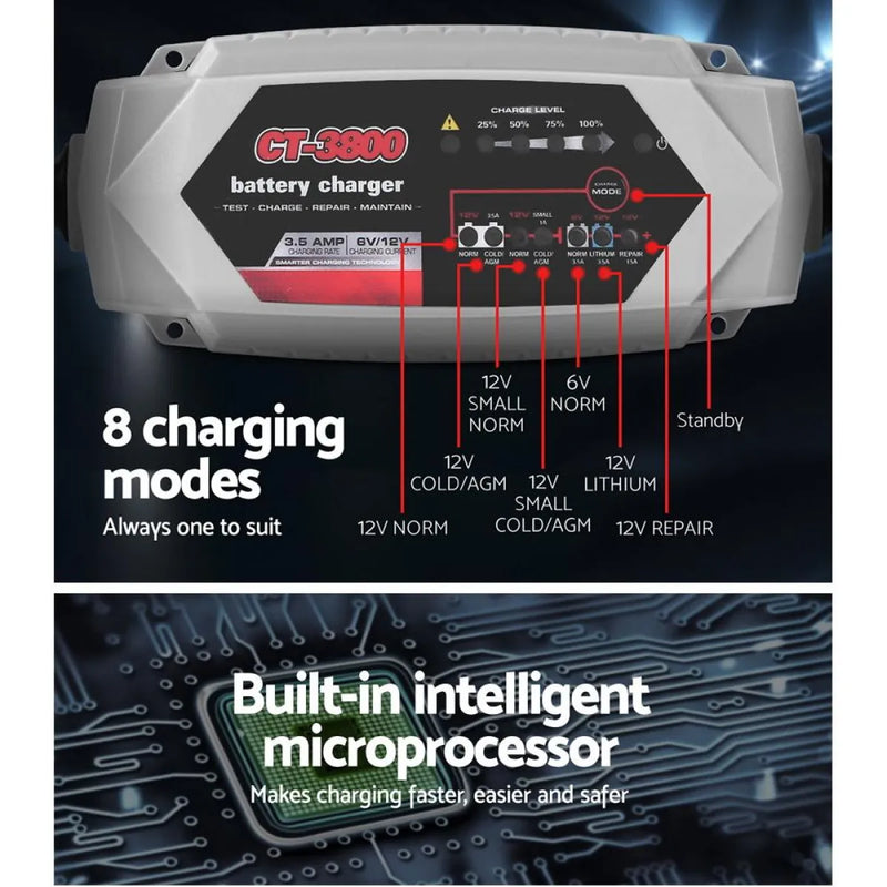 Battery charger with multiple modes and microprocessor for automatic SLA batteries