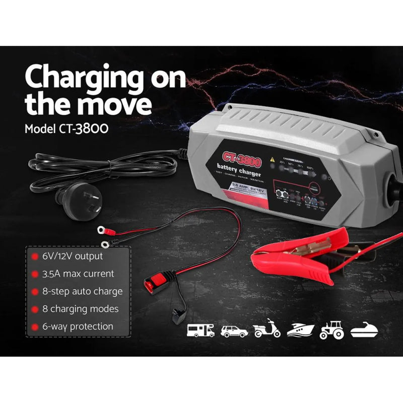 Smart Battery Charger for Vehicles 3.5A 12V/6V Automatic SLA AGM Safety Features