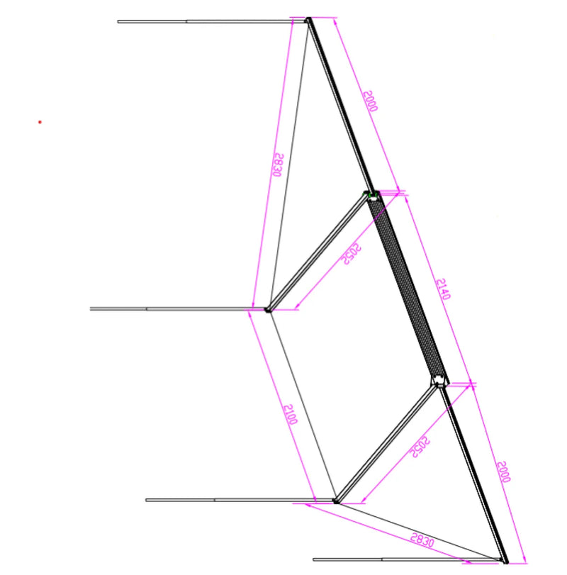 Geometric line drawing of a triangular shape with measurements in pink for 30 Second 180 Degree Wing Awning