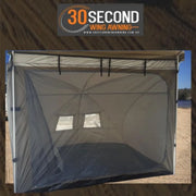 Portable dome tent with mesh sidewalls and 30 Second branding, essential awning tent attachment