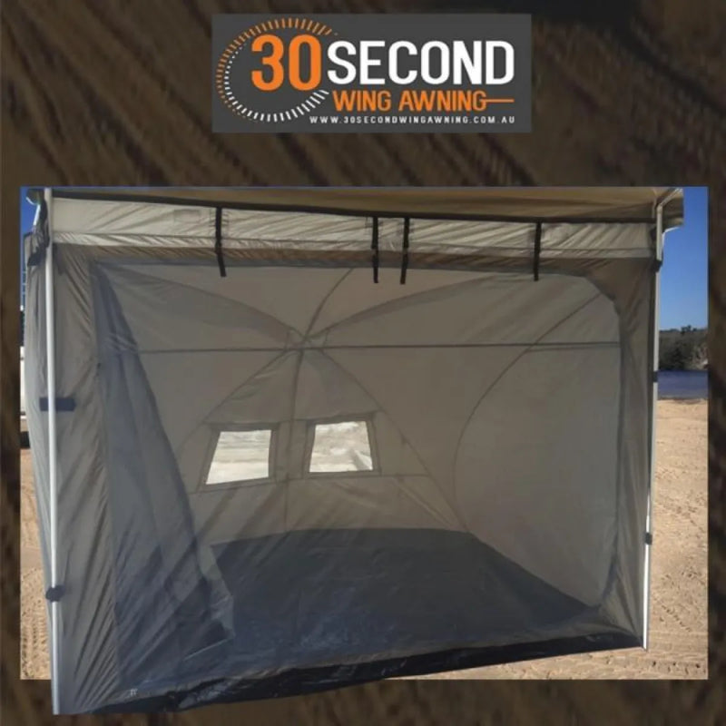 Portable dome tent with mesh sidewalls and 30 Second branding, essential awning tent attachment