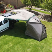 Tent-like canopy attached to vehicle showing 30 Second Awning Dome Tent Add-on, a second awning attachment