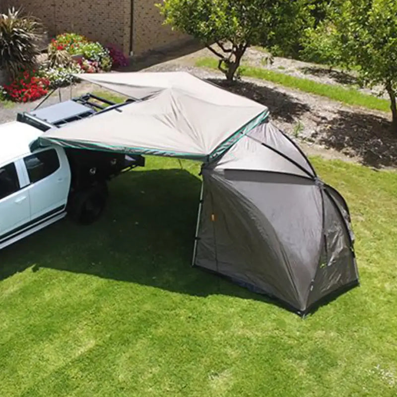 Tent-like canopy attached to vehicle showing 30 Second Awning Dome Tent Add-on, a second awning attachment