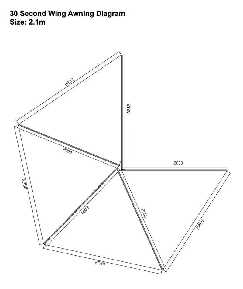 Diagram of 30 Second Wing Awning with dimensions labeled for second wing awning setup