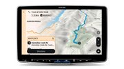 Alpine head unit showing a Hema 3D map track with elevation profile and waypoints