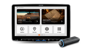 Alpine head unit showing the Hema Nav home screen with the NaviStick in front
