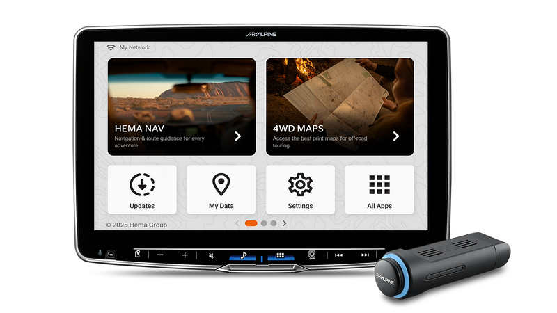 Alpine head unit showing the Hema Nav home screen with the NaviStick in front
