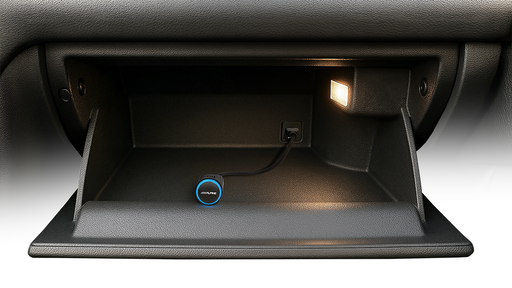 Alpine NaviStick with USB cable stashed inside a glovebox