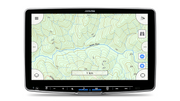 Alpine head unit showing a Hema topographic map with contour lines