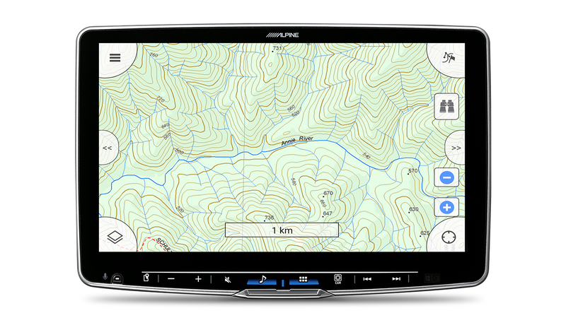 Alpine head unit showing a Hema topographic map with contour lines