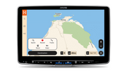 Alpine head unit showing a Hema map with search, record, tracks, petrol and hotel buttons