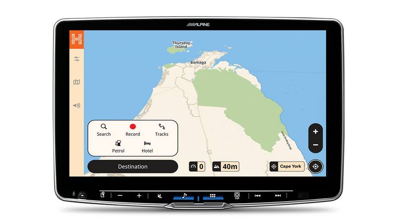 Alpine head unit showing a Hema map with search, record, tracks, petrol and hotel buttons