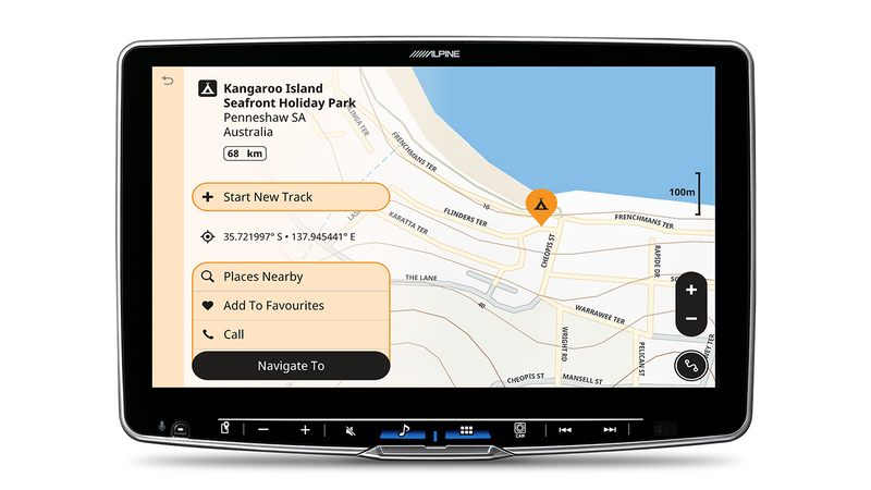 Alpine head unit showing a Hema map with Places Nearby and Navigate To options