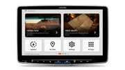 Alpine head unit Hema Nav home screen with Hema Nav, 4WD Maps, Updates and My Data tiles