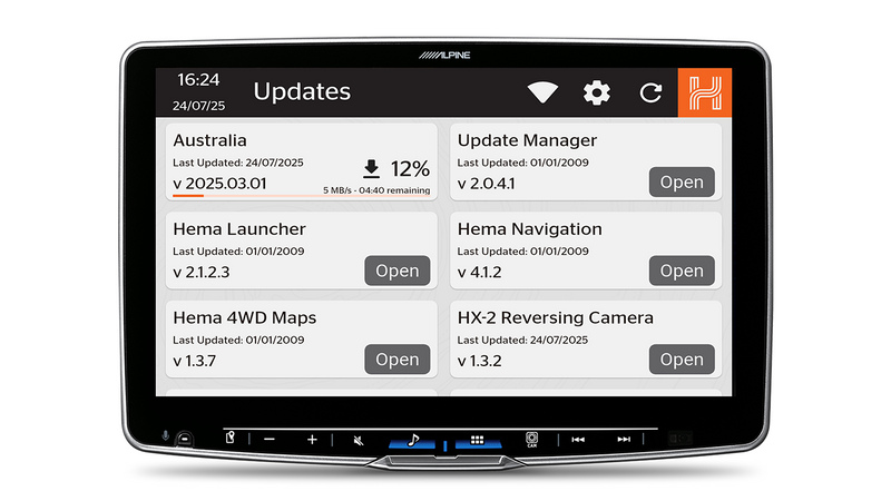 Alpine head unit Updates screen listing Hema map and software versions
