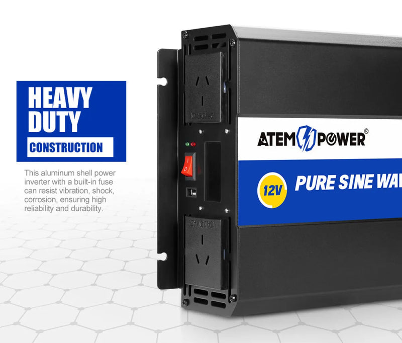 Power inverter with ATEM POWER branding and pure sine wave label for reliable energy
