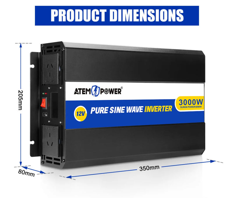 Pure sine wave inverter from ATEM POWER 3000W capacity for reliable power conversion