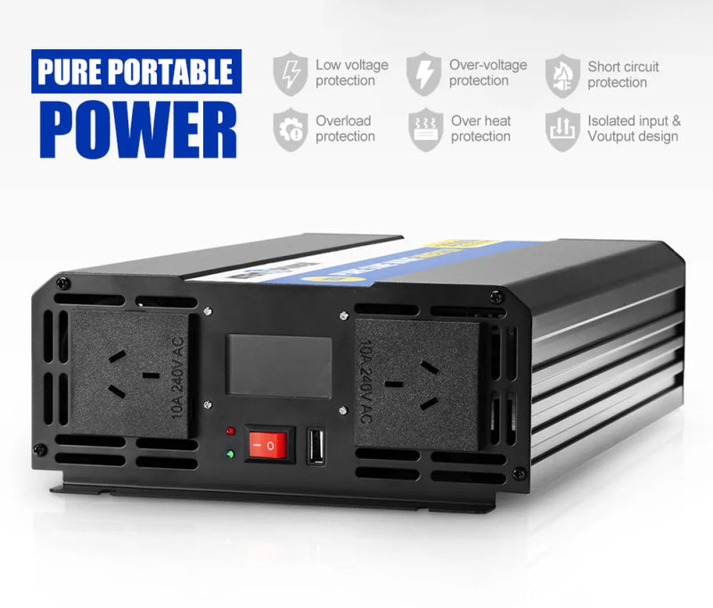 Portable pure sine wave power inverter with dual AC outlets and digital display