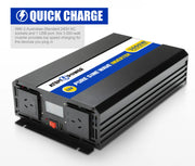Power inverter with Quick Charge branding and two outlets for pure sine wave power