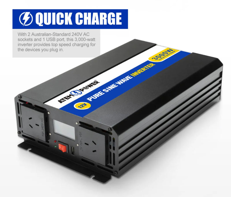 Power inverter with Quick Charge branding and two outlets for pure sine wave power