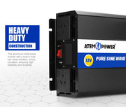 Power inverter with ATEM POWER branding and Pure Sine Wave label for clean power