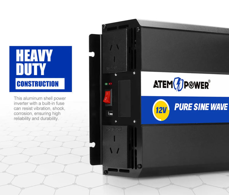 Power inverter with ATEM POWER branding and Pure Sine Wave label for clean power