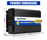 Pure sine wave inverter with 1500W power capacity and product dimensions displayed