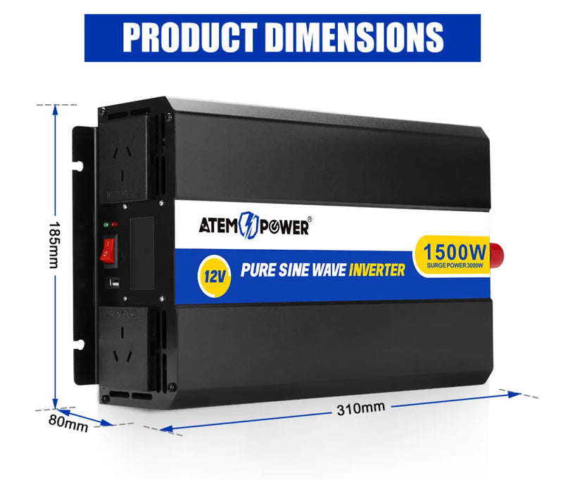 Pure sine wave inverter with 1500W power capacity and product dimensions displayed