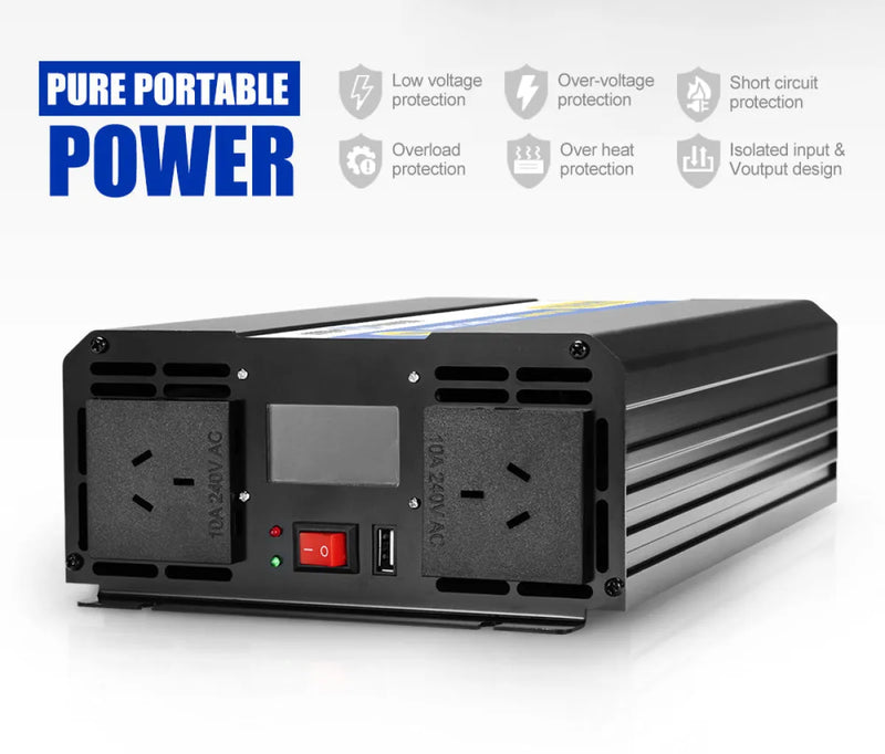 Portable pure sine wave power inverter with dual outlets, display, and USB port for ATEM POWER 12V to 240V 1500W/3000W