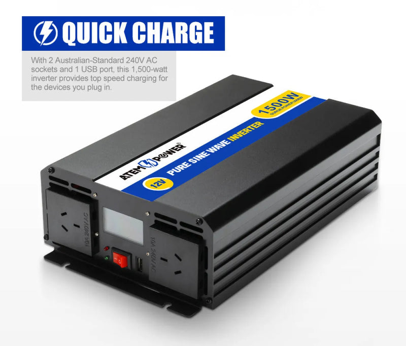 Power inverter with Quick Charge branding and multiple outlets for pure sine wave power