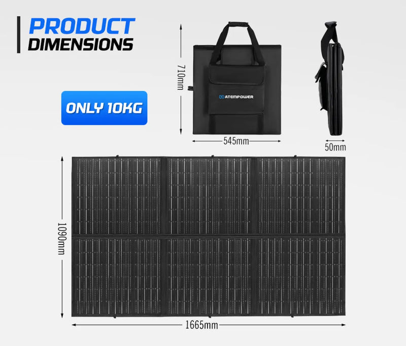Foldable solar panel with carrying case and dimensions for Atem Power 12V portable solar blanket mat