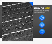 Water droplets on textured solar panel surface of Atem Power 12V portable solar blanket mat