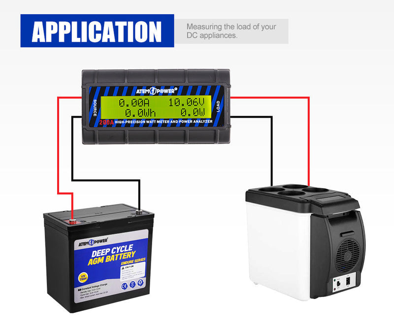 ATEM POWER 200A Digital Watt Meter display connected to battery and device showing digital volt amp readings