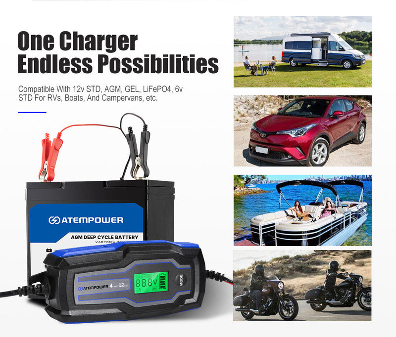 Smart Battery Charger 4A 6V/12V Automatic SLA AGM Car Truck Boat Motorcycle - Sunyee