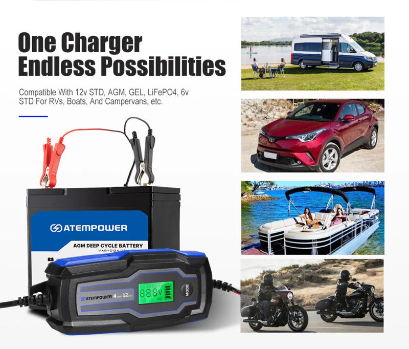 Smart Battery Charger 4A 6V/12V Automatic SLA AGM Car Truck Boat Motorcycle - Sunyee