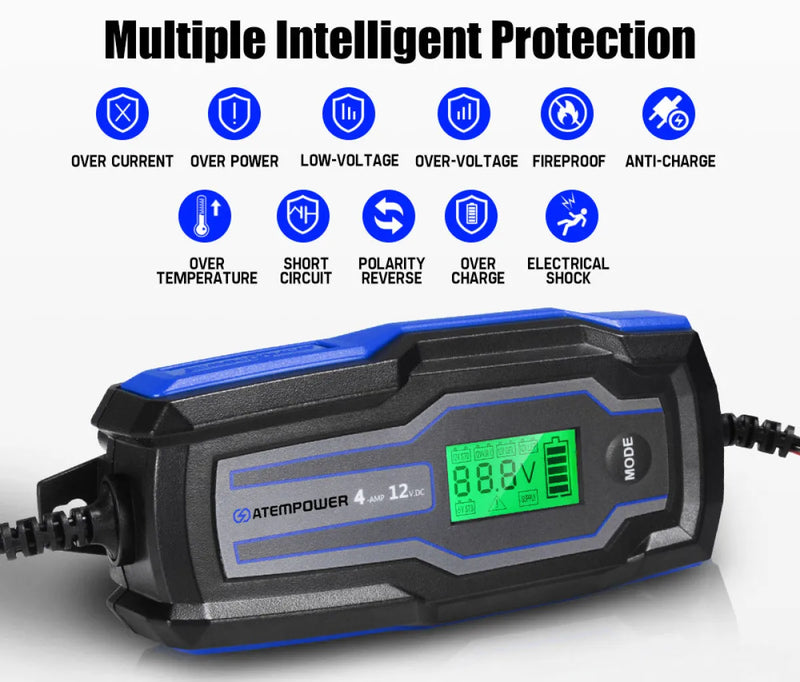 Smart Battery Charger 4A 6V/12V Automatic SLA AGM Car Truck Boat Motorcycle - Sunyee