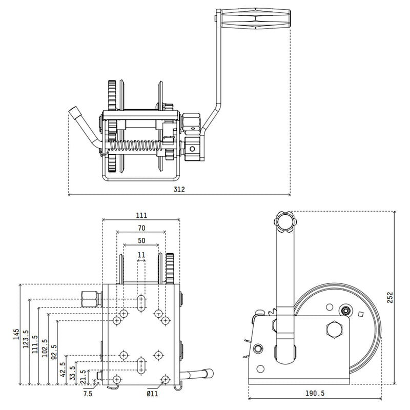 Atlantic Marine Trailer Winch dimensions in mm