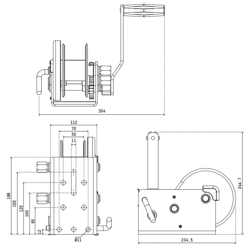 Atlantic Marine Trailer Winch HD 1500kg dimensions in mm