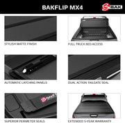 BAKFlip MX4 feature panels showing the matte finish, bed access, tailgate seal and perimeter seals