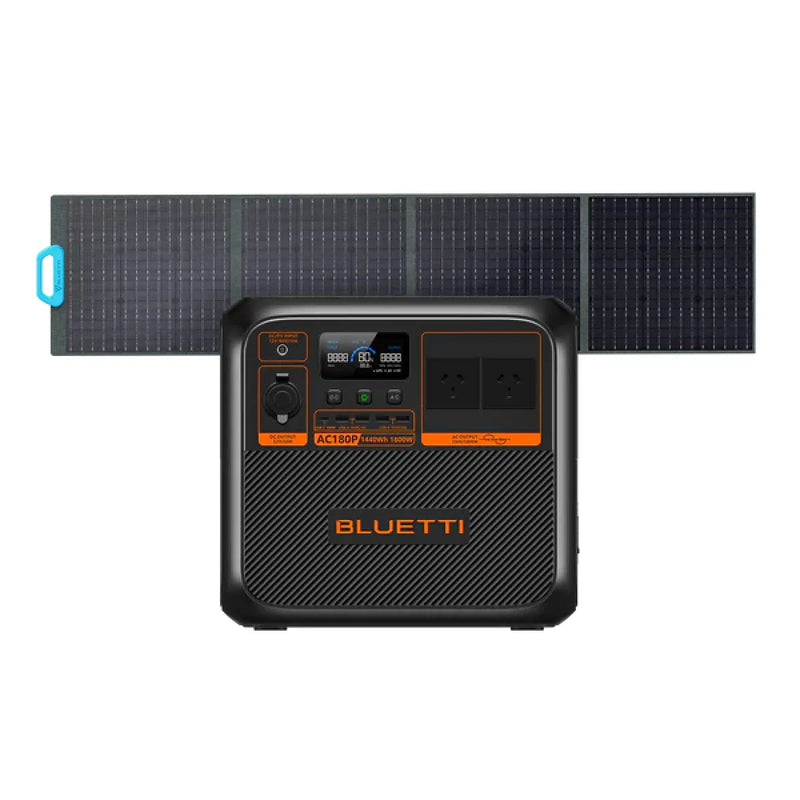 Portable Bluetti AC180P power station with solar panel for outdoor energy needs