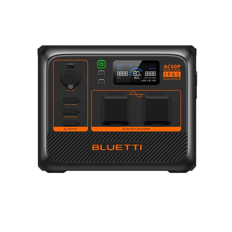 Bluetti AC60P Portable Power Station with digital display and multiple charging ports